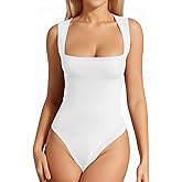 MANGOPOP Women's Square Neck Tank Top Bodysuit Sexy Double Lined Sleeveless Thong Body Suits Going Out Tops