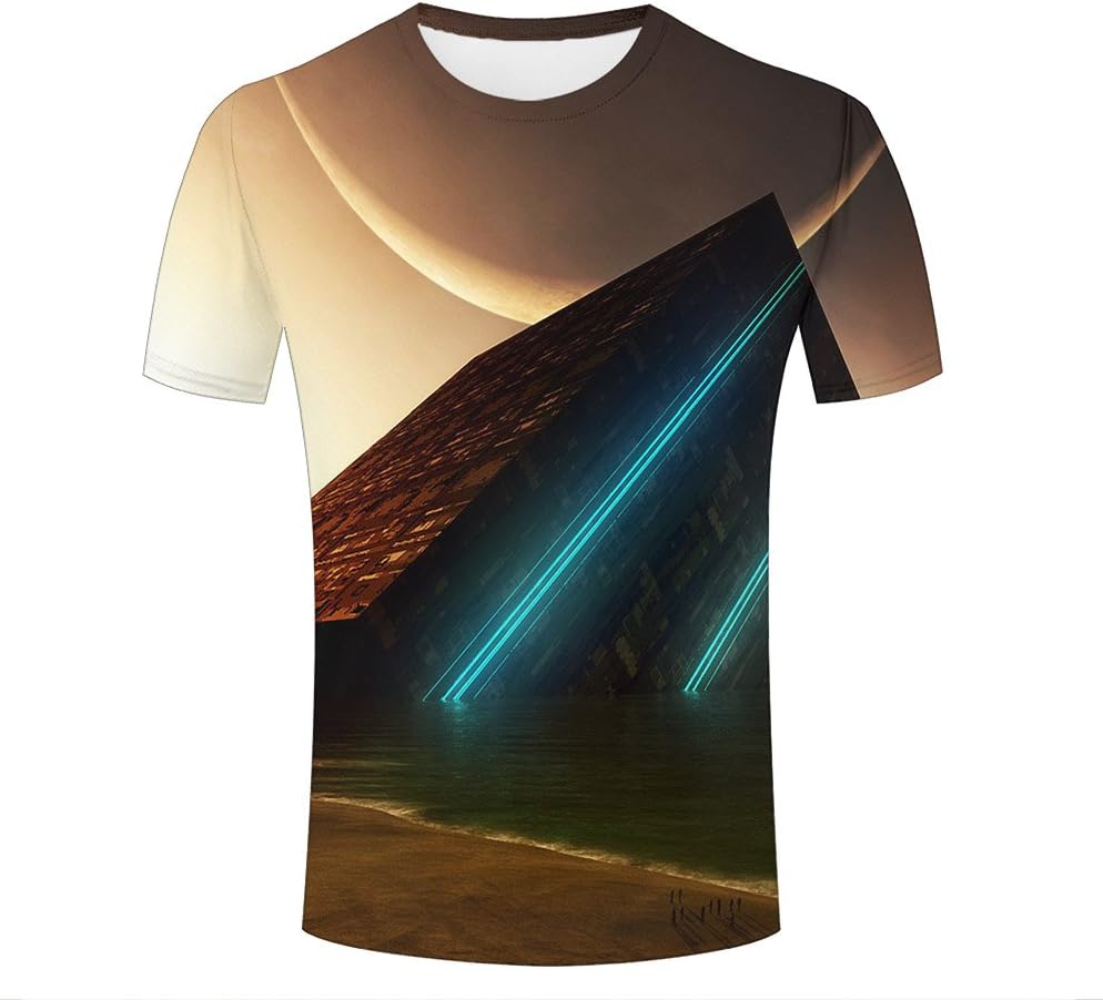 liujinsheng Mens 3D Printed Planet On The Building Graphic Couple T Shirts