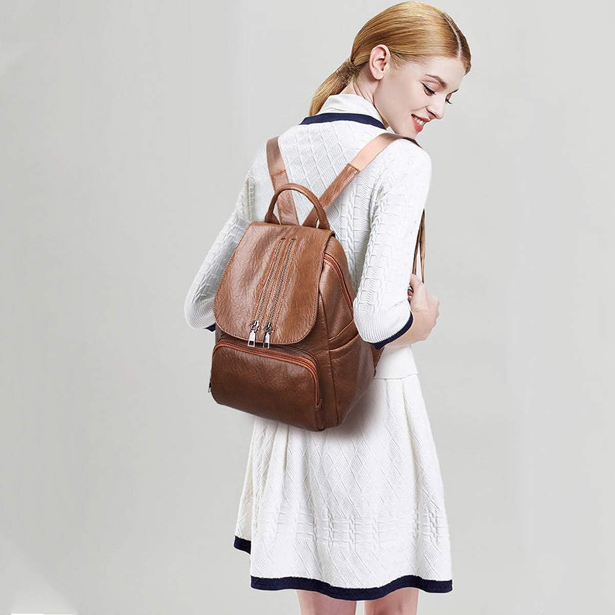 NICOLE & DORIS Woman Backpack Handbag Casual Daypack Fashion Backpack for College Ladies Rucksack PU Leather Brown - Image 3
