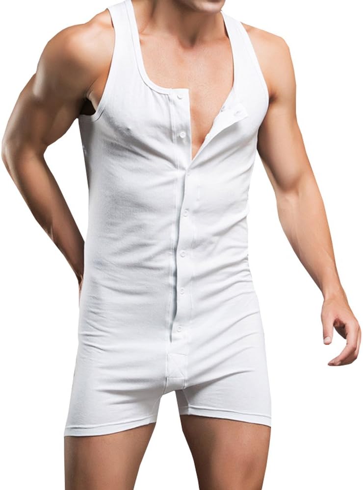 Mens Jumpsuit Sleeveless Male Romper Black One Piece Tank Bodysuit Shorts Button Down