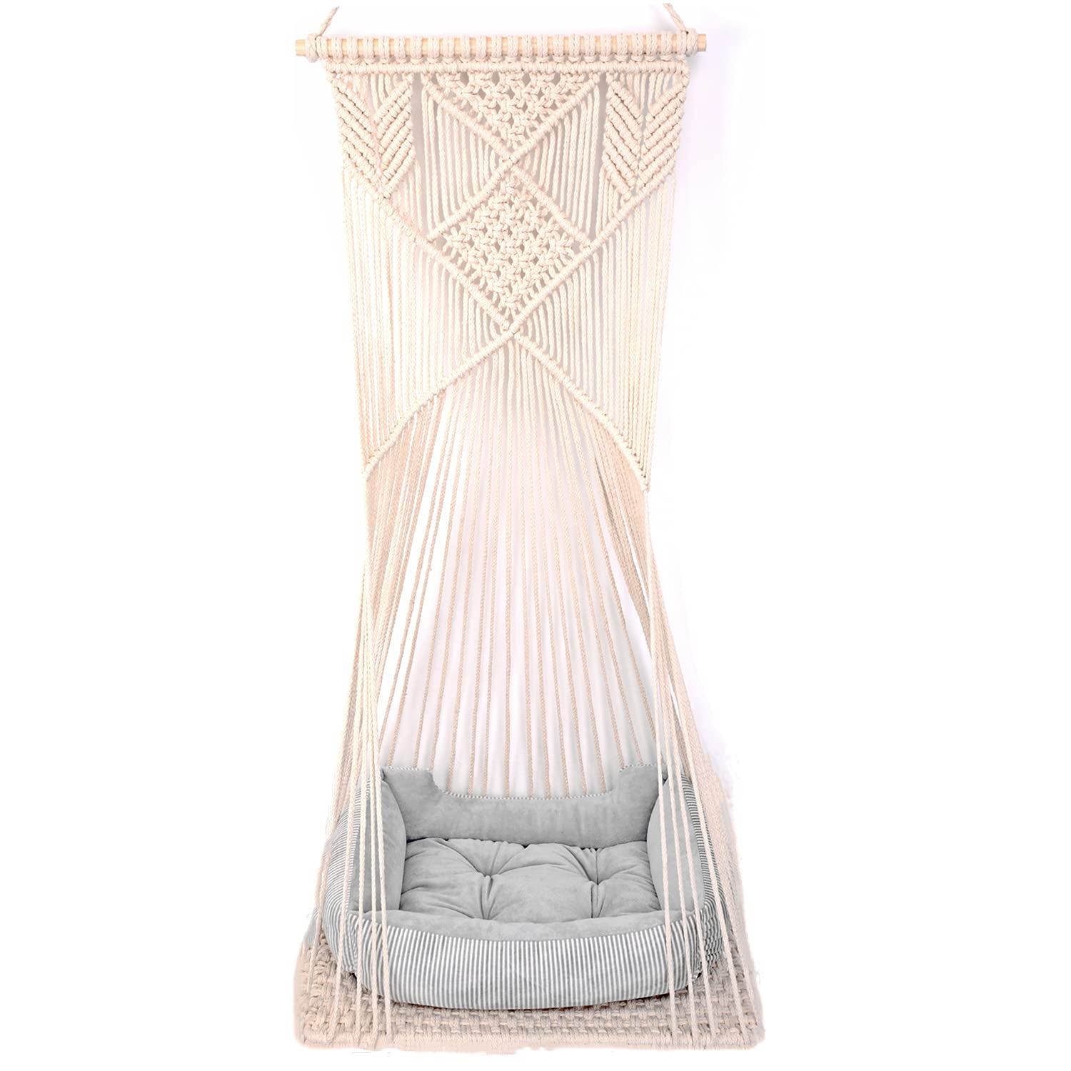 Sdjazl Doralus Cat Bed Cat Hammock Macrame Cat Swing Bed Cat Cage Cotton Rope Hanging Cat House Cats Toy Tassel Basket Tapestry (Beige, Swing Bed+Cushion)