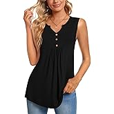 CATHY Womens Summer Sleeveless Tank Top V Neck Button Blouse Casual Pleated Basic Henley Shirts
