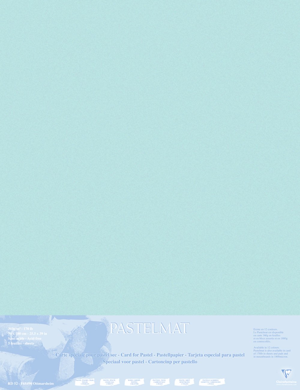 Clairefontaine - Ref 396013C - Pastelmat Mounted Board (5 Sheets) - 1800 Microns - 70 x 100cm - Light Blue Colour - Specially Formulated For Use With Pastels