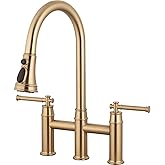 Brushed Bronze Bridge Kitchen Faucet with Pull Down Sprayer, Lava Odoro Transitional Bronze Gold Kitchen Sink Faucet 3 Hole 2