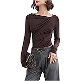 SweatyRocks Women's Ruched Long Sleeve Tops Asymmetrical Neck Fitted T Shirts Work Top