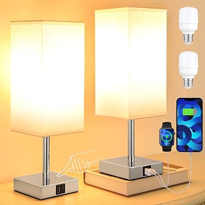Aooshine Bedside Lamps Set of 2 with USB-C and USB-A Ports, 3-Way Dimmable