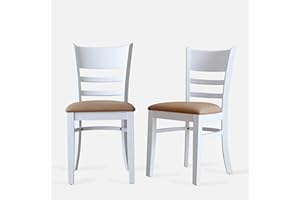 Livinia Cabin Dining Chair Set of 2, Solid Malaysian Oak PU Leather Upholstered Cushion Seat Wooden Ladder Back Side Chairs (White) Assembly Required