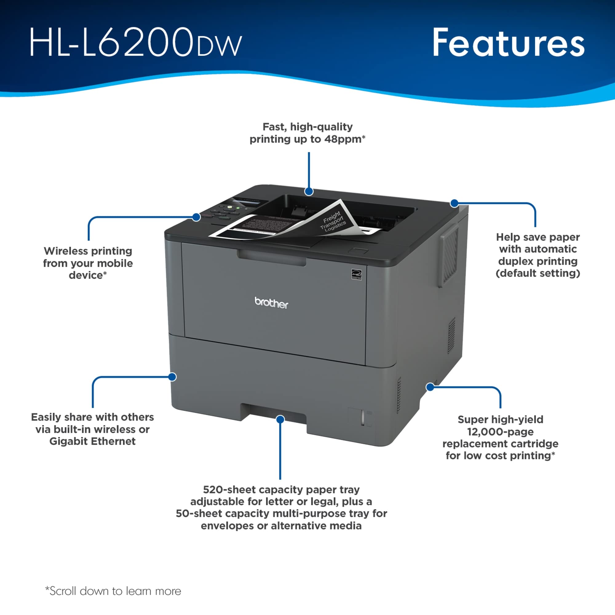 Brother HL-L6200DW Wireless Monochrome Laser Printer with Duplex Printing (Amazon Dash Replenishment Ready)