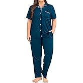 SWOMOG Women's Plus Size Pajama Set Short Sleeve Sleepwear Top and Pants Button Up Pajamas for Women Loungewear