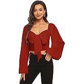LYANER Women's Tie Knot Front Shirred Back Lantern Long Sleeve Crop Blouse Tee Top
