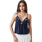 SHENHE Women's Lace V Neck Cami Shirt Floral Embroidered Backless Ruffle Babydoll Tank Top