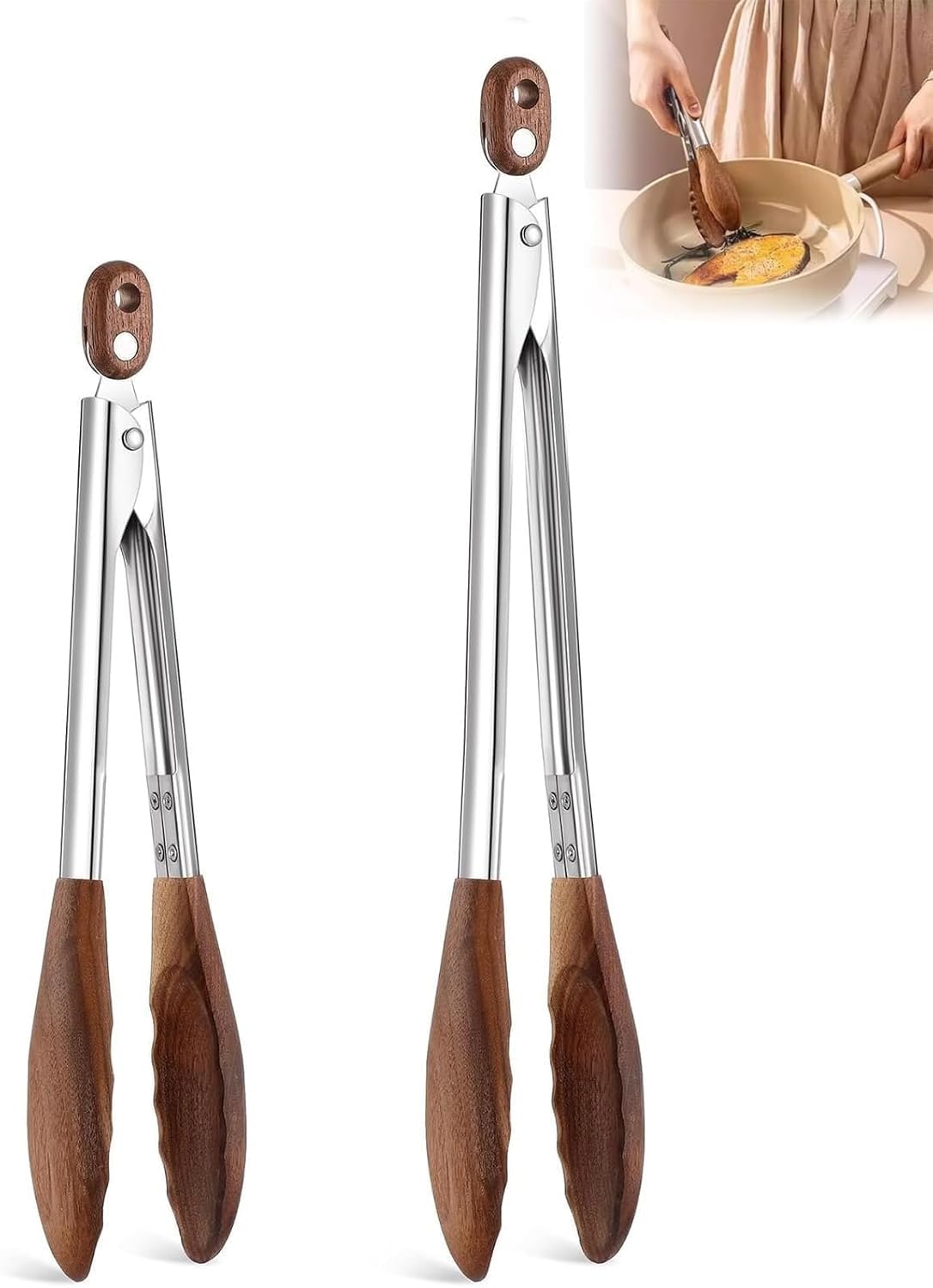 Photo 1 of 2 Pcs Walnut Wooden Kitchen Cooking Tongs with Wooden Tips, Salad Tongs, BBQ Tongs, 15"/11.4"