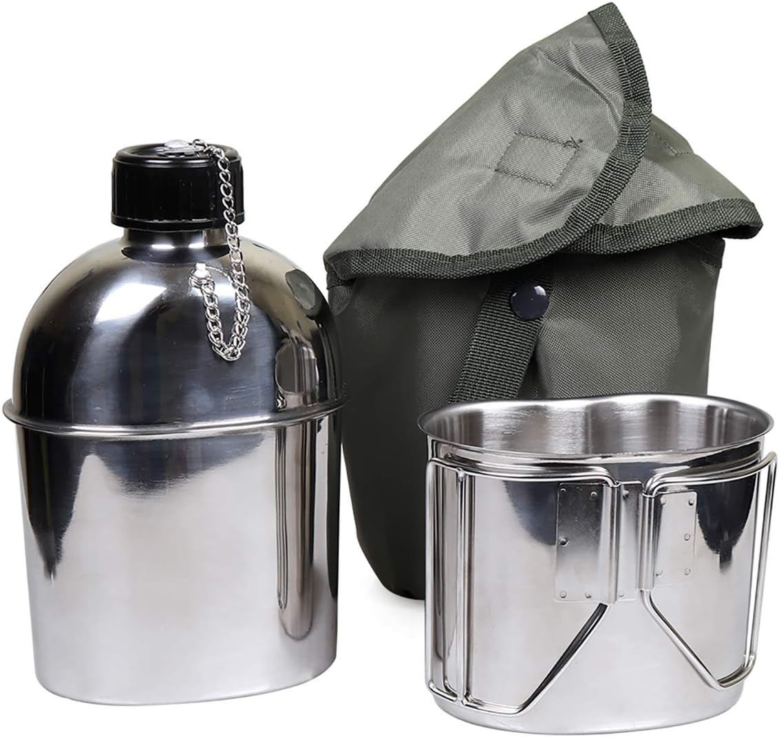 Goetland Stainless Steel WWII US Military Canteen Kit 1QT with 0.5QT Cup Nylon Cover G.I.