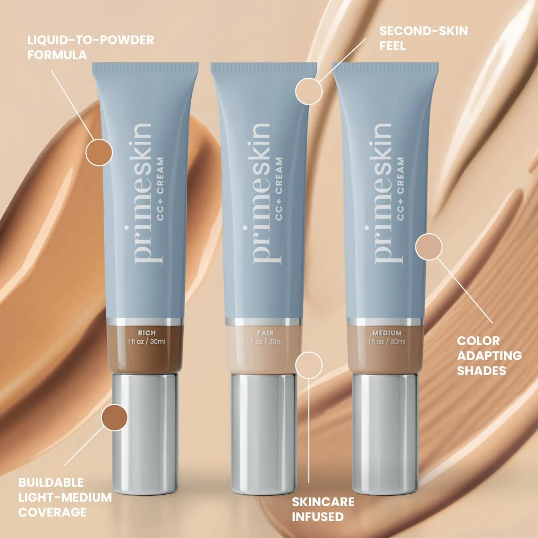 Prime Prometics PrimeSkin CC+ Cream for Mature Women – Lightweight Liquid-to-Powder Foundation – Blurs Pores & Covers Age Spots – Crease-Free, Hydrating & Soft-Matte Finish for Sensitive Skin (Light)