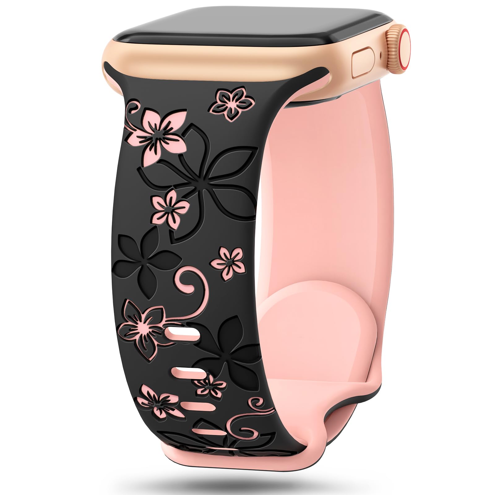 Photo 1 of Floral Engraved Bands Compatible with Apple Watch Band 41mm 40mm 44mm 45mm 42mm 38mm 46mm 49mm for Women,Cute Flower iWatch Bands Soft Silicone Sport Strap for iWatch Series SE 10 9 8 7 6 5 4 3 2 1