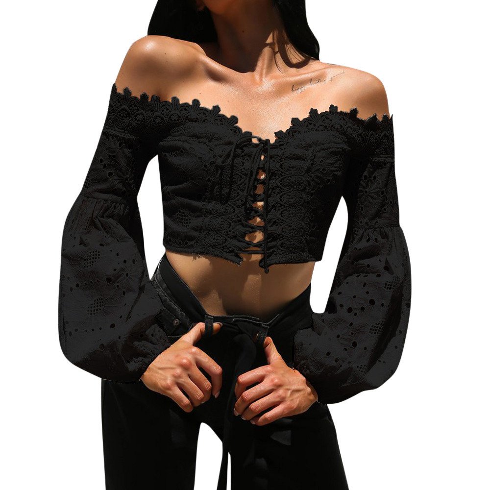 TLTL Women Off Shoulder Long Sleeve Hollow Lace Loose Blouse Tops T-Shirt