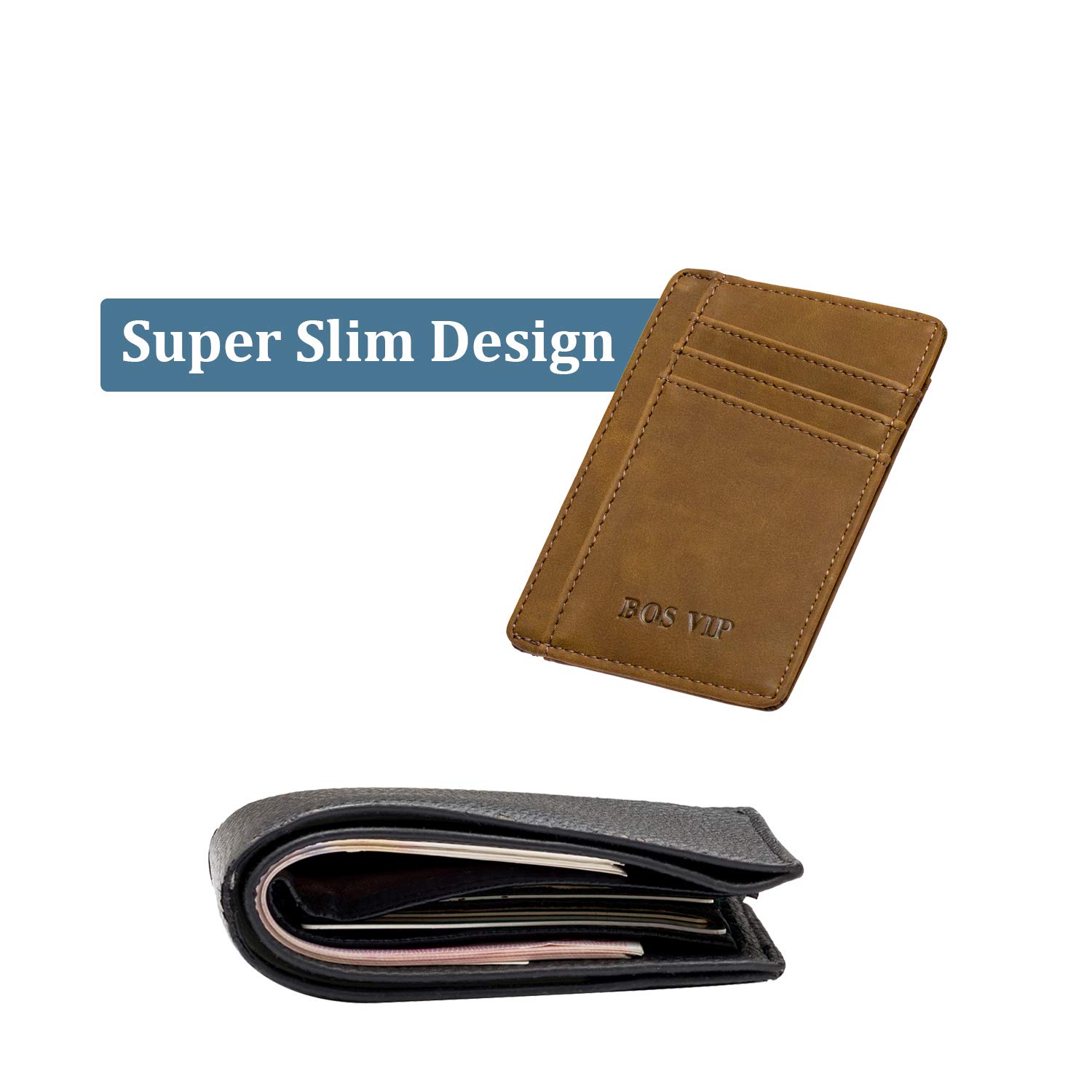 BOS VIP Women Mens Credit Card Holder Slim Leather Wallets,RFID Blocking Minimalist Front Pocket Wallet Brown