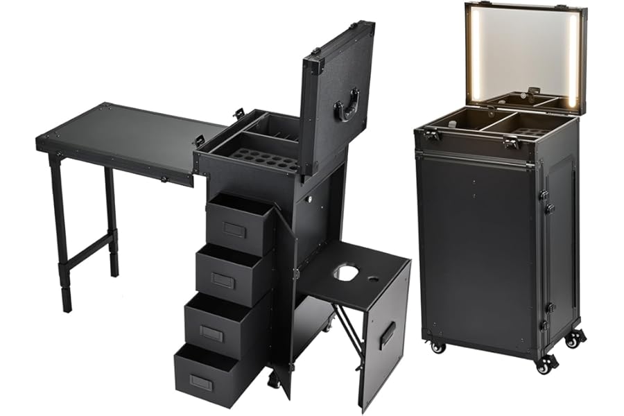 Faquenc Portable Manicure Table Desk Station with Pedicure Stool Rolling Makeup Case with Lighted Mirror 4 Drawers Storage for Manicurist Technician Workstation Artist Cosmetology Case on Wheels Black