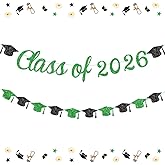 Class of 2026 Banner Green 2026 Graduation Decorations Green and Black Bachelor Cap Garland for Grad Party Decoration 2026 Graduation Theme Party Supplies