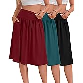 Ficerd 3 Pack Women's Knee Length Casual Skirts with Pockets, Flared High Waisted Midi Pleated Flowy a Line Summer Skirts(Rose Red, Lake Green, Black,Large)