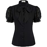 Belle Poque Summer Short Sleeve Office Button Down Blouse Vintage Business Casual Shirts Tops with Bow Tie