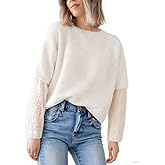 Seetaa Women's Lace Long Sleeve Sweater Crewneck Casual Loose Ribbed Knit Top