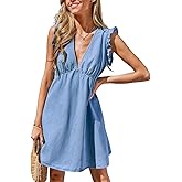 CUPSHE Women's Denim Summer Dresses Cotton Plunging V Neck Casual Sundress Ruffle Sleeves Mini Dress