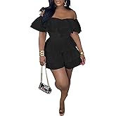 LAJIOJIO Romper for Women Sexy Off the Shoulder Ruffle Hem Pleated Short Jumpsuits
