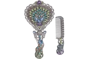 Nerien Vintage Peacock Metal Mirror Comb Set Antique Heart-shaped Handheld Vanity Mirror Comb Set Antique pewter