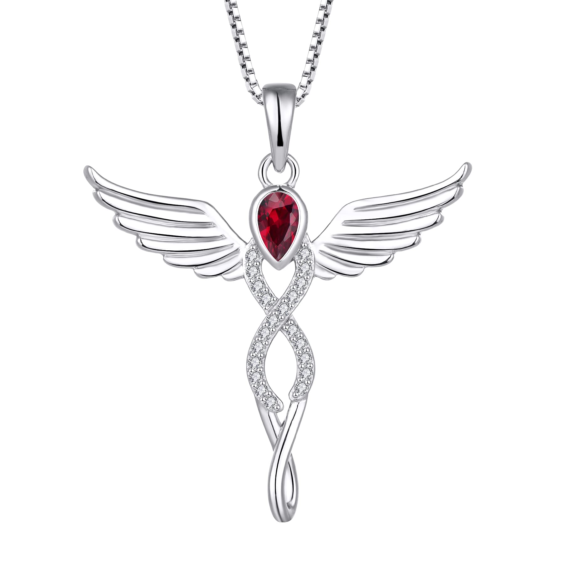 FJ Guardian Angel Necklace 925 Sterling Silver Infinity Angel Wings Pendant Ruby Necklace July Birthstone Jewellery for Women