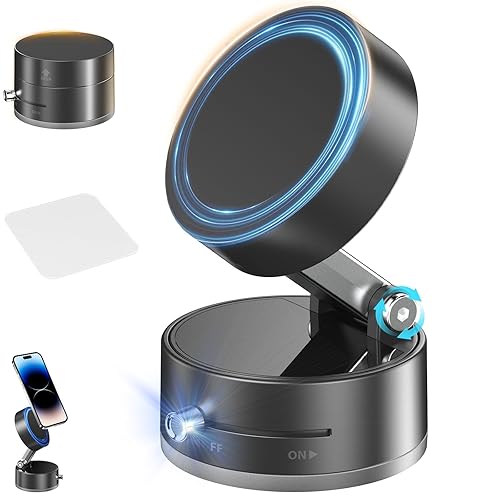 EXGOING Suction Phone Holder – Vacuum Magnetic Suction Cup Phone Mount with Strong N52 Magnet, Foldable & Compact, for Car, Mirror, Desk, Kitchen (Black)