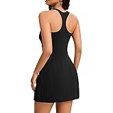 Womens Tennis Dress Pleated Racerback Athletic Dress with Built in Shorts Sleeveless Golf Dresses with Pockets