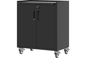 BIZOEIRON Metal Storage Cabinet with Wheels, Lockable Garage Storage Cabinet with Doors and Shelves, Rolling Tool Cabinet, Assembly Required, Black