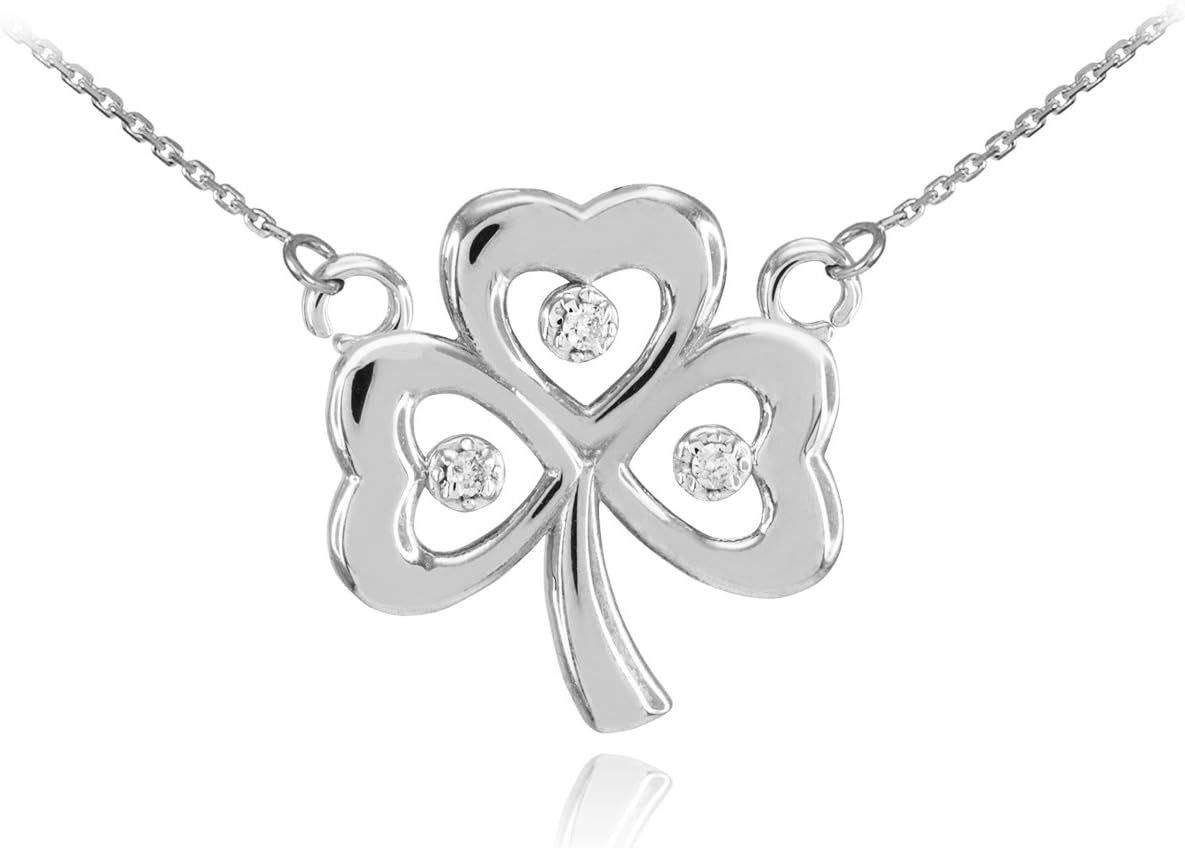 14k White Gold Shamrock Charm Three Diamond Clover Leaf Pendant Necklace, 18"