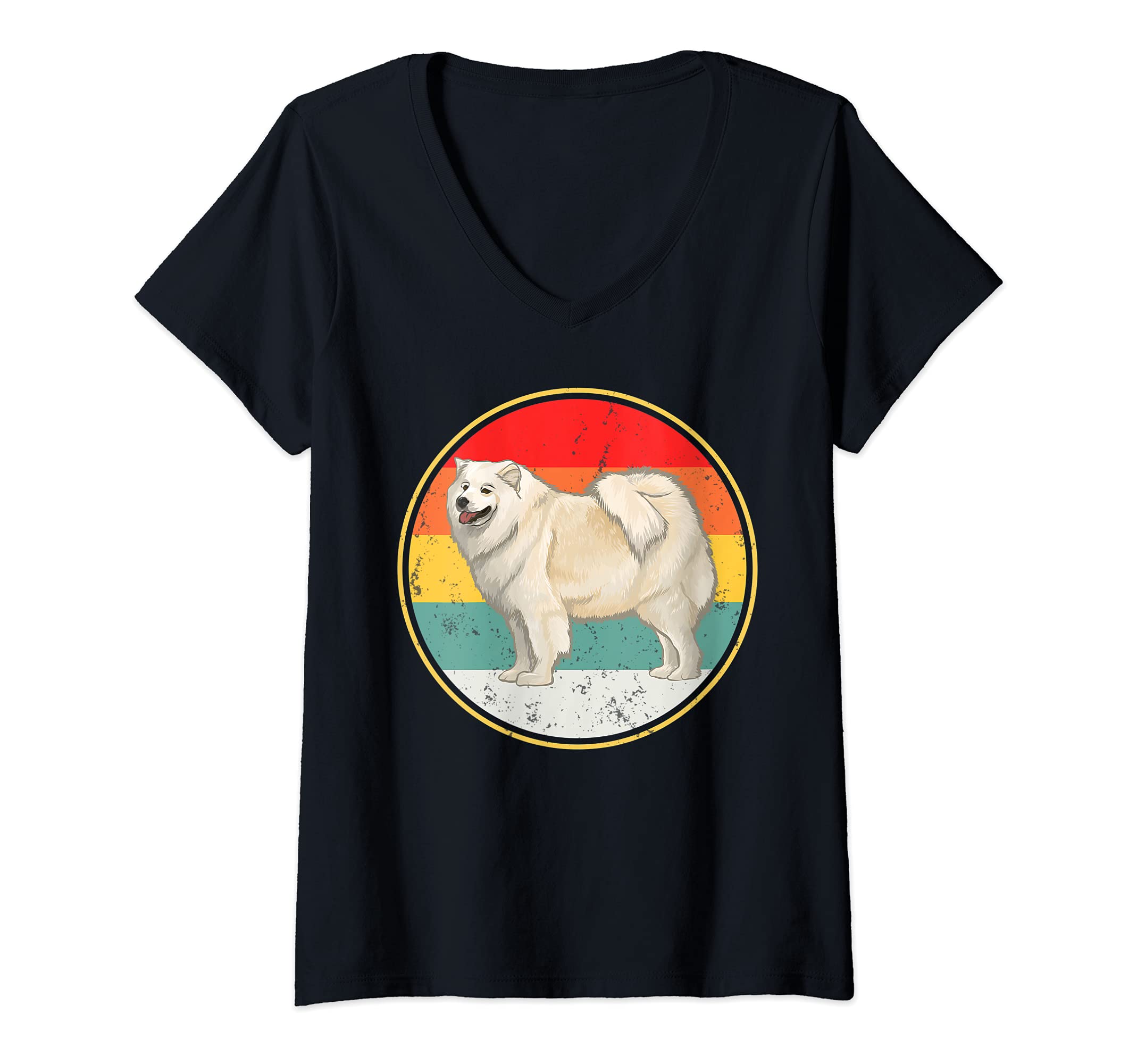 Womens Vintage Retro Sunset Samoyed Dog V-Neck T-Shirt