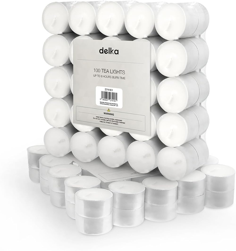 delka Unscented White Tea Lights 8 Hour Burn Time Pack of 100