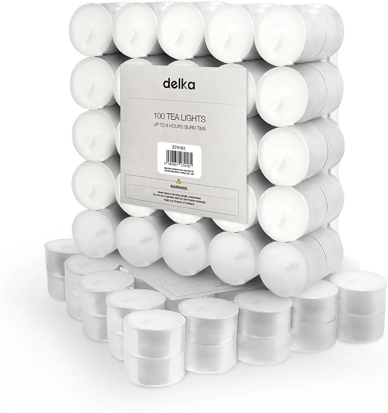 delka Unscented White Tea Lights 8 Hour Burn Time Pack of 100