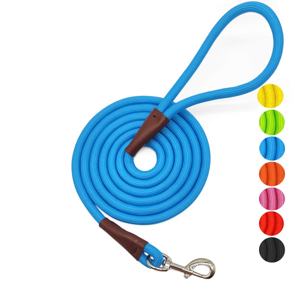 MayPaw 4FT/6FT/8FT/10FT Dog Lead, Classic Solid Colors, Strong Nylon Rope Dog Lead Reinforced with Leather Tailor Connection Heavy Duty Silver Clasp (8 ft*1/2", Blue)