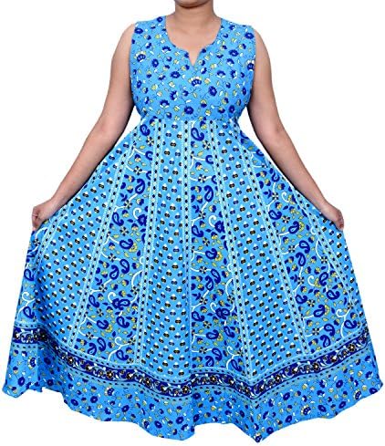 Indian Handmade Vintage Block Printed Dress For Women , 100% Cotton Red V-Neck Ethnic Maxi Style Long Mandala Print