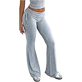 Verdusa Women's Fold Over Leggings Ruched Bell Bottom Pants Flare Wide Leg Trousers Yoga Pants