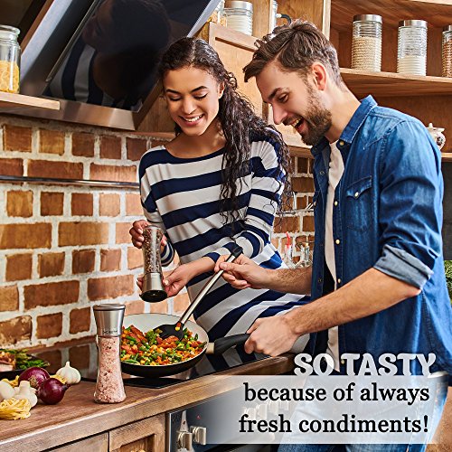 Salt and Pepper Grinder Set - Mill and Shakers Kit - Brushed Stainless Steel, Tall Premium Glass and Adjustable Ceramic Grinding System for Cooking Spices - Perfect on Kitchen