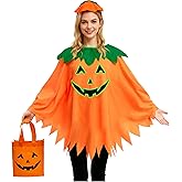 3PCS Halloween Pumpkin Costume for Women, Glow in the Dark Pumpkin Poncho Set for Adults Halloween Costume Cosplay Dress Up