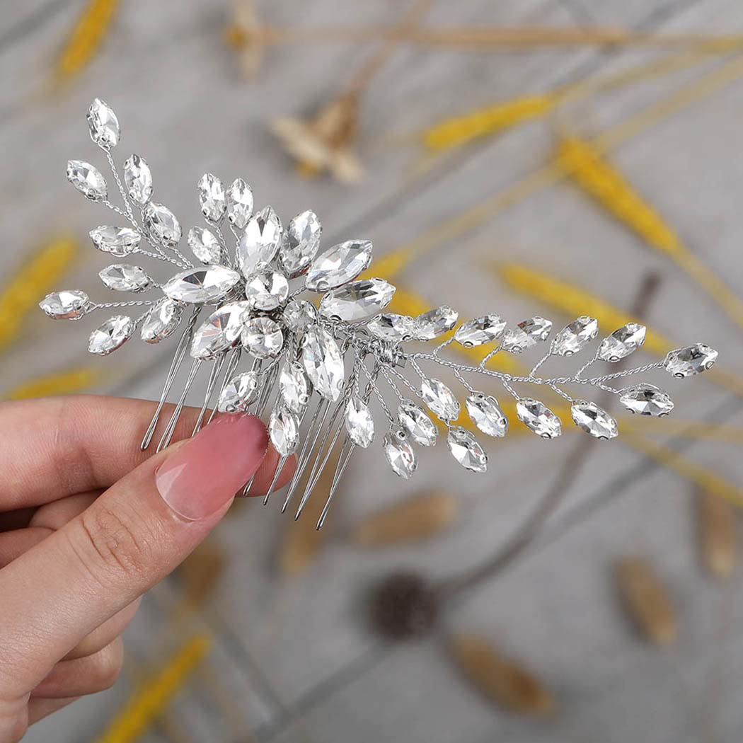 Handcess Bride Wedding Crystal Hair Combs Silver Leaves Headpiece Rhinestone Bridal Hair Accessories for Women and Girls