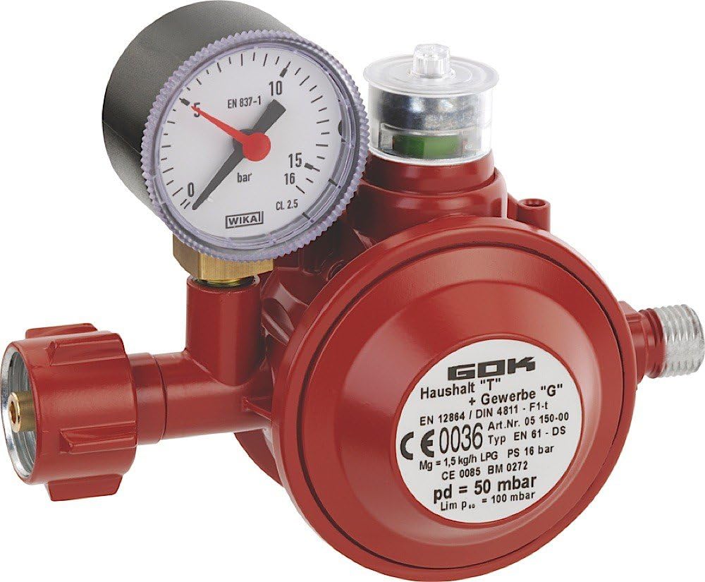 GOK Haushaltsregler / Gasregler für den Einsatz in geschlossenen Räumen, Betriebsdruck:50 mbar 1,5kg/h PS16Bar "t"