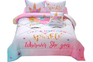 JQinHome Unicorn Twin Bedding Sets for Girls Kids,6 Piece Bed in A Bag 3D Colorful Flower Girl Unicorn Comforter Set with Sheet Set(Sparkle)