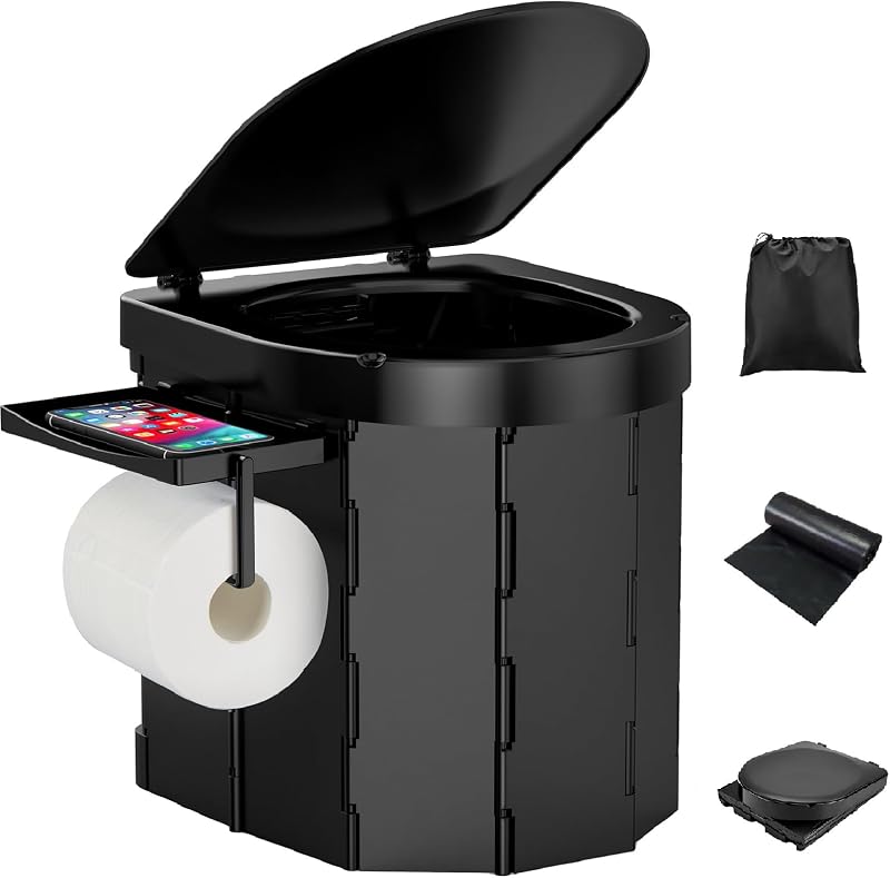 Inodoro portátil para Acampar, Inodoro Plegable para Adultos con Bandeja extraíble para teléfono y Soporte para Papel higiénico, Orinal portátil Impermeable con Tapa para Acampar, Viajar, Playa