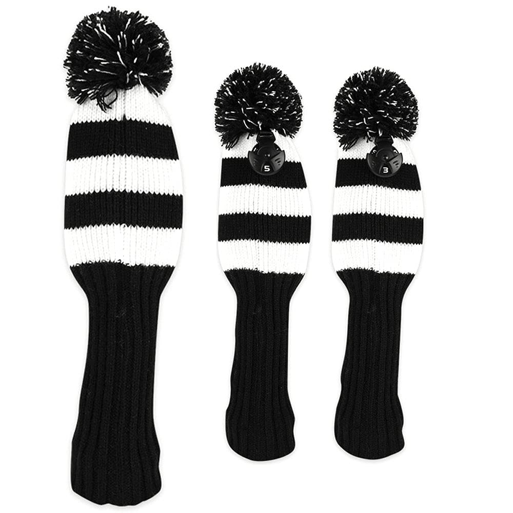 CENPEK Stripes Knitted Golf Club Head Covers 3 Piece Set 1 3 5 Driver and Fairway HeadCovers Fits 460cc Drivers(Black)