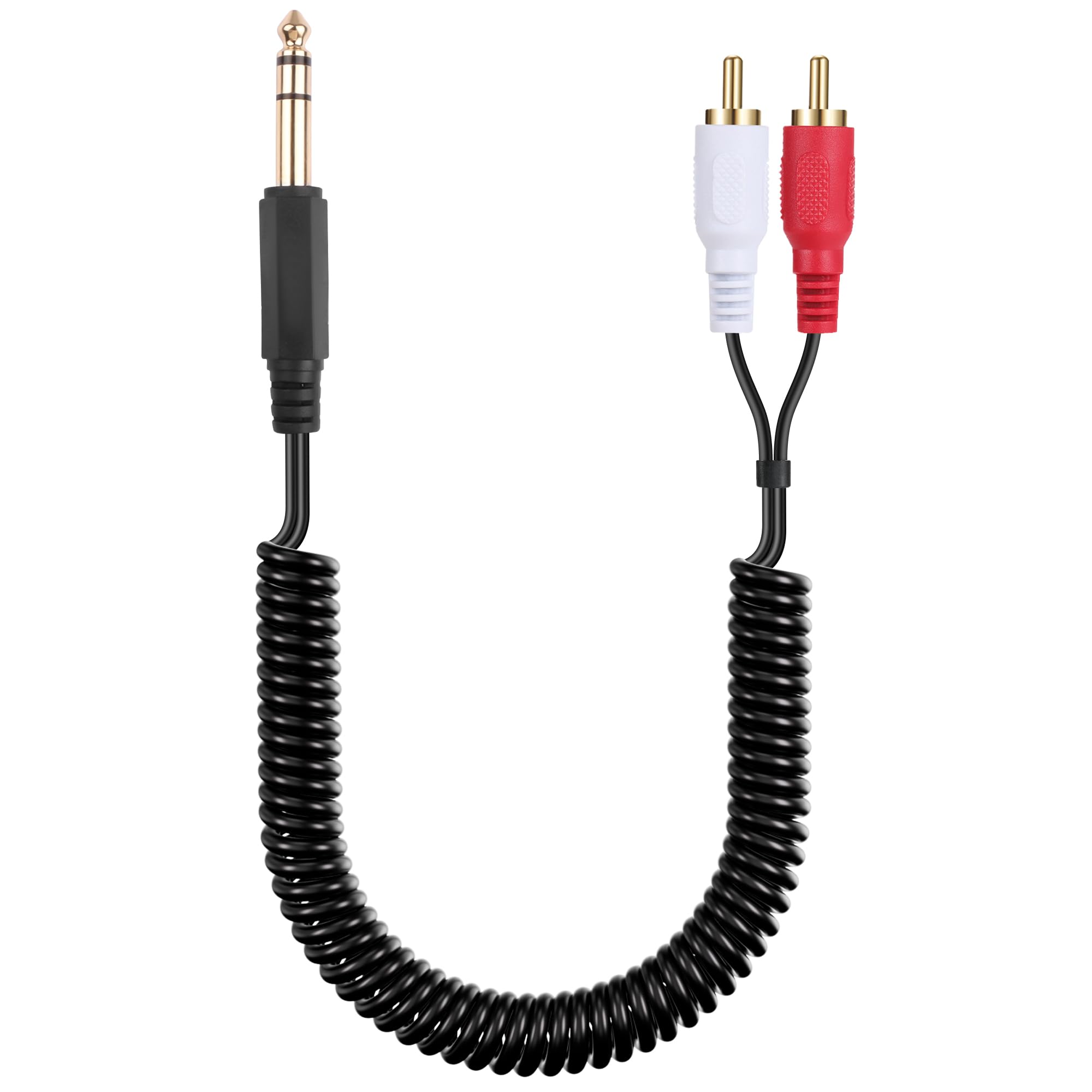 JSADZKJ 6.35mm to 2 RCA Stereo Audio Cable 1/4 TRS Male to Dual RCA Male Splitter Cable Gold-plated Coiled 1/4'' to 2 RCA Audio Cable for Amplifiers Mixers Speakers 14 in/35cm