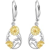 CUOKA MIRACLE Sunflower Earrings For Women S925 Sterling Silver Sunflower Teardrop Earrings Dangle Flower Leverback Earrings Sunflower's Jewelry Gifts For Women