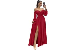 CHICBRIDAL Women's Bridesmaid Dresses with Long Sleeves Spaghetti Strap Split Ruched Wedding Guest Dress with Pockets
